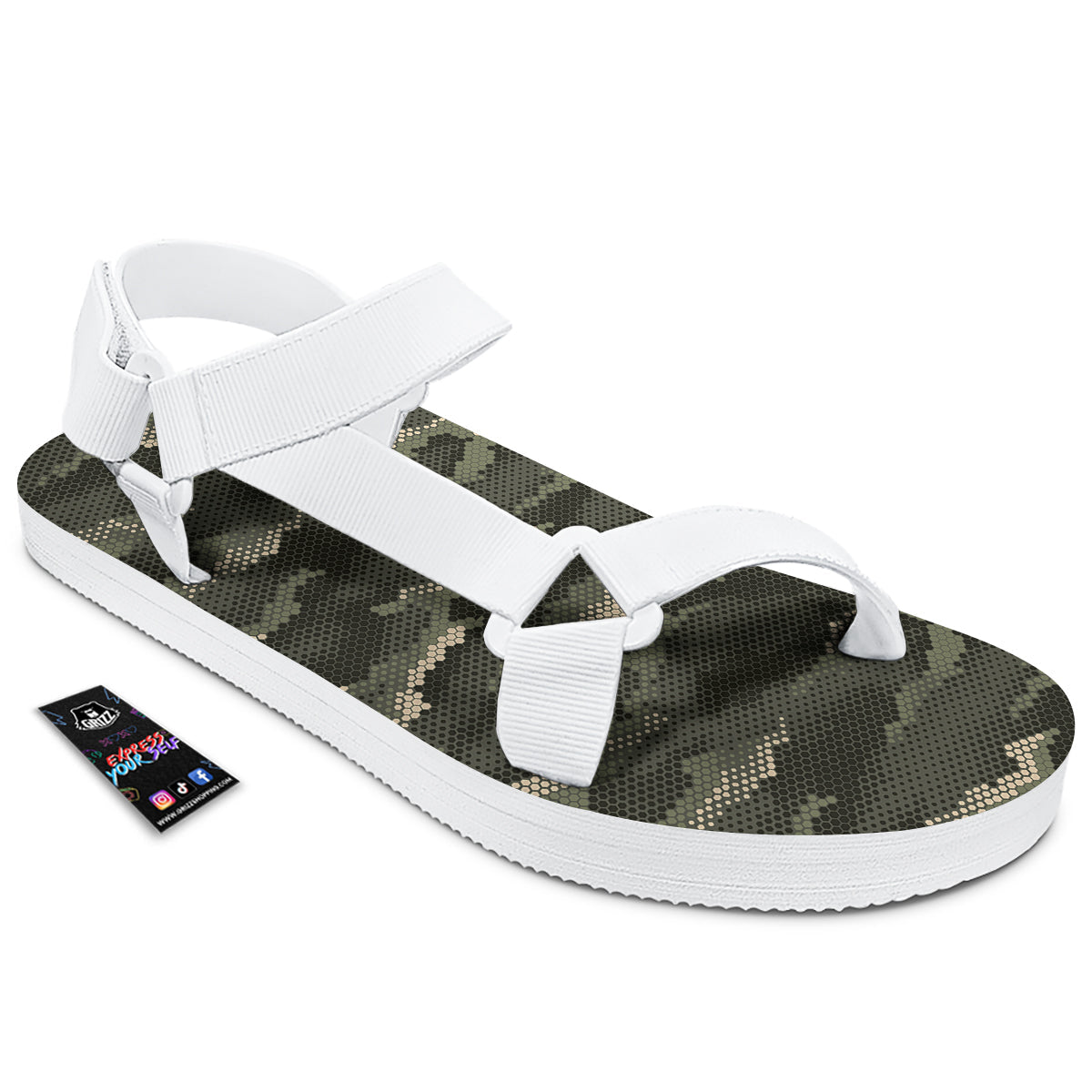 Digital Camo Army Green Print Pattern White Open Toe Sandals-grizzshop
