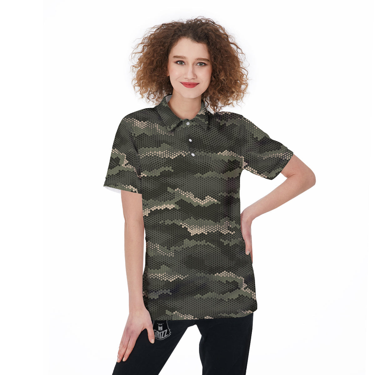 Digital Camo Army Green Print Pattern Women's Golf Shirts-grizzshop