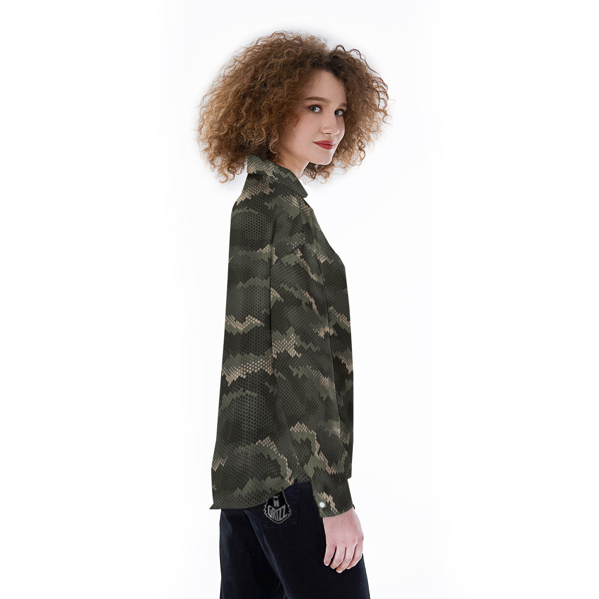 Digital Camo Army Green Print Pattern Women's Long Sleeve Shirts-grizzshop