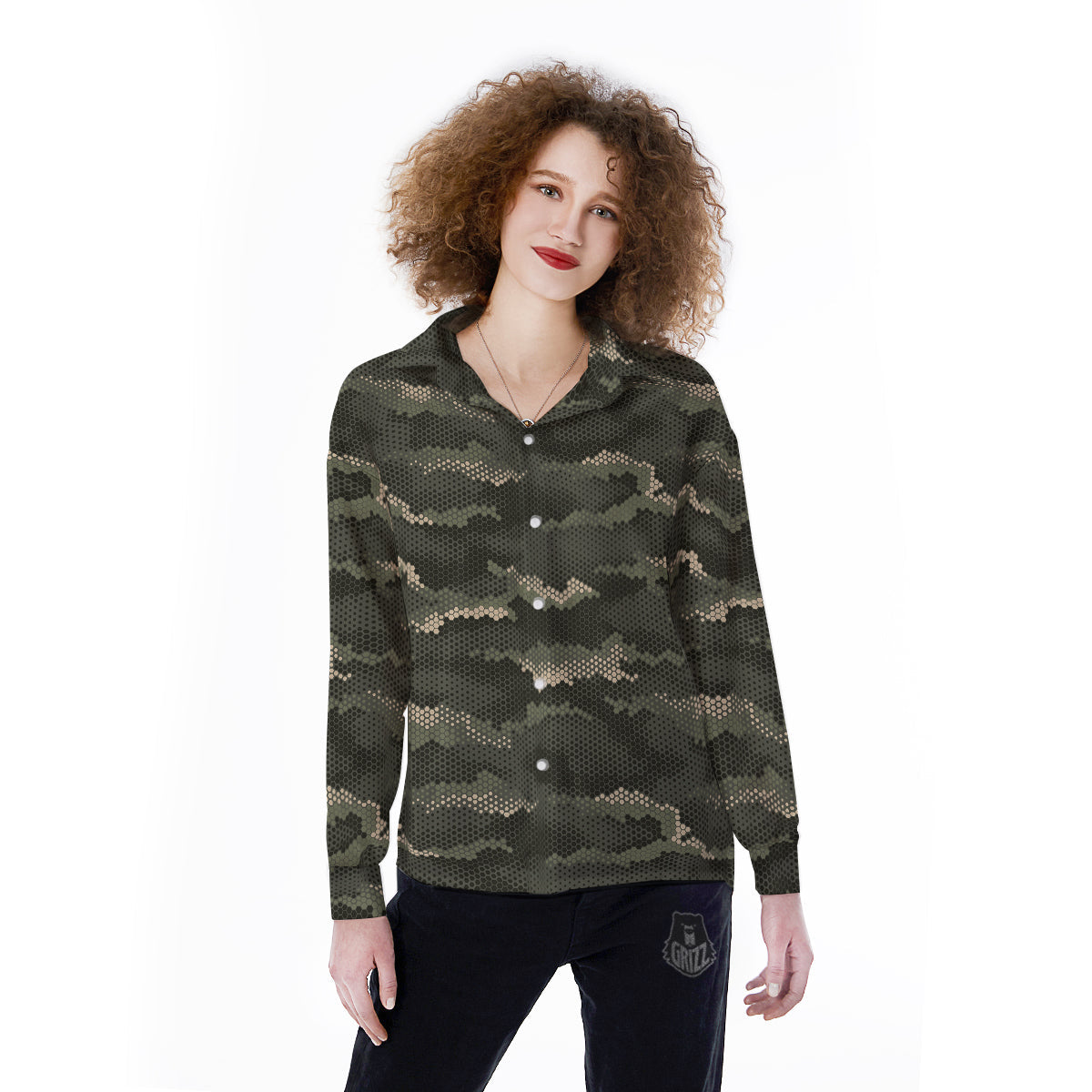 Digital Camo Army Green Print Pattern Women's Long Sleeve Shirts-grizzshop