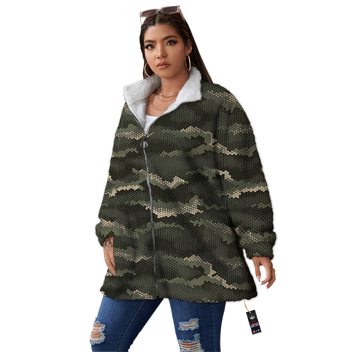 Digital Camo Army Green Print Pattern Women's Sherpa Jacket-grizzshop