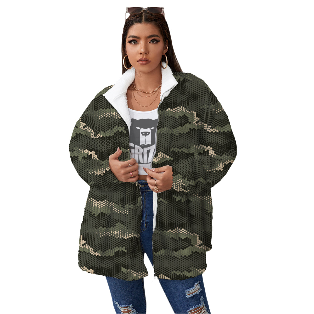 Digital Camo Army Green Print Pattern Women's Sherpa Jacket-grizzshop