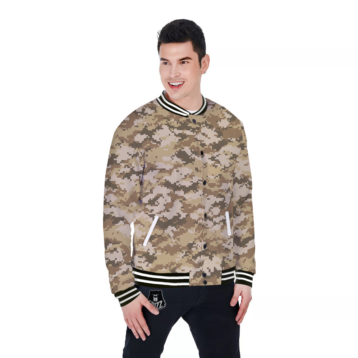 Digital Camo Beige Print Pattern Baseball Jacket-grizzshop