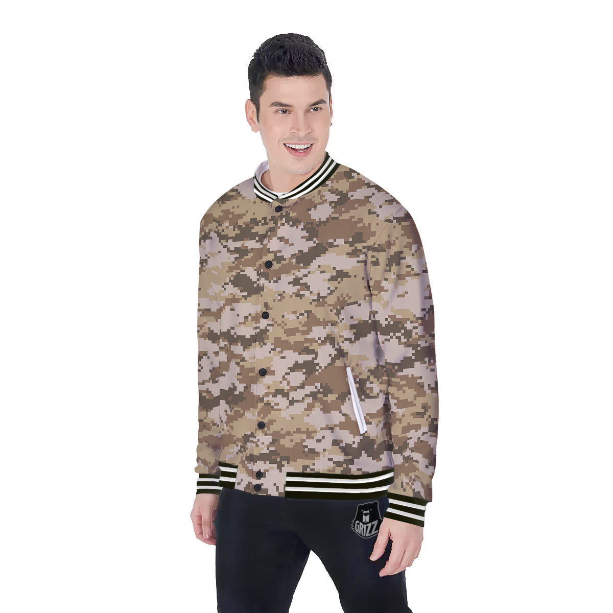 Digital Camo Beige Print Pattern Baseball Jacket-grizzshop