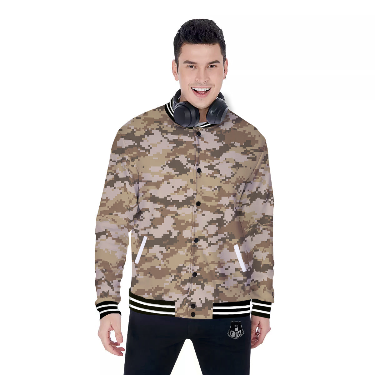Digital Camo Beige Print Pattern Baseball Jacket-grizzshop