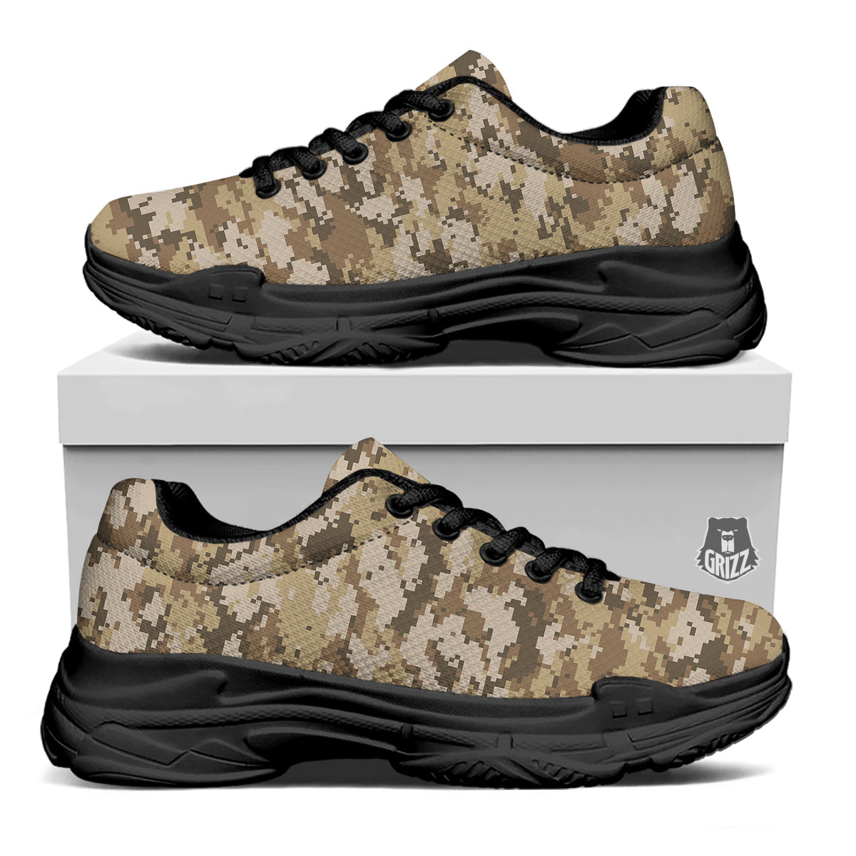 Digital Camo Beige Print Pattern Black Chunky Shoes-grizzshop