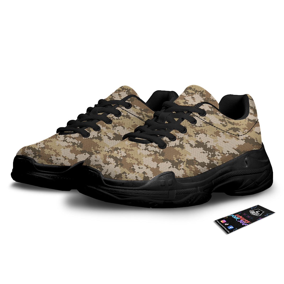 Digital Camo Beige Print Pattern Black Chunky Shoes-grizzshop
