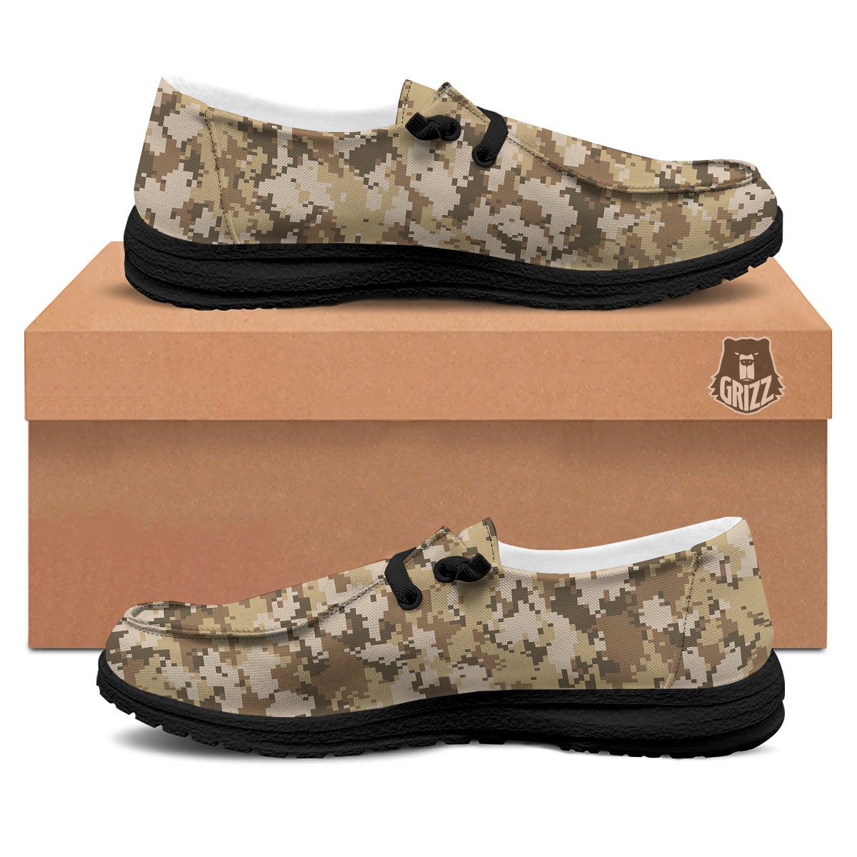 Digital Camo Beige Print Pattern Black Loafers-grizzshop