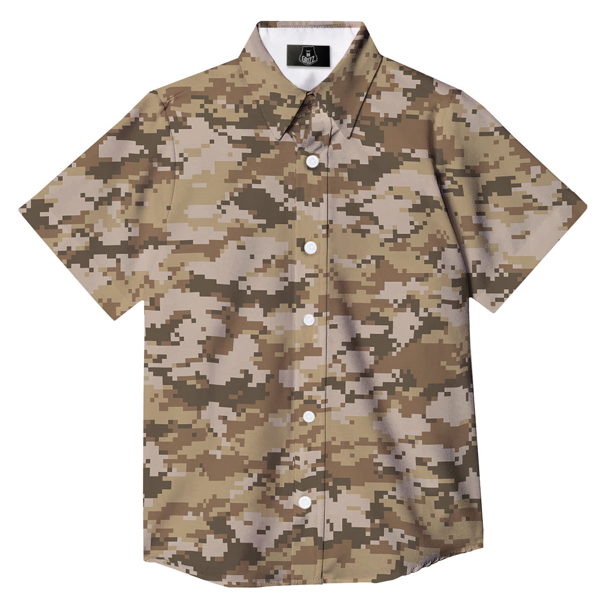Digital Camo Beige Print Pattern Button Up Shirt-grizzshop