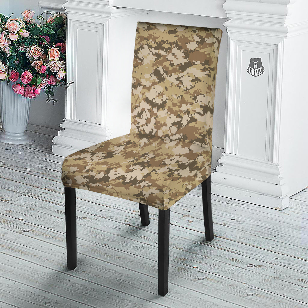 Digital Camo Beige Print Pattern Dining Chair Slipcover-grizzshop