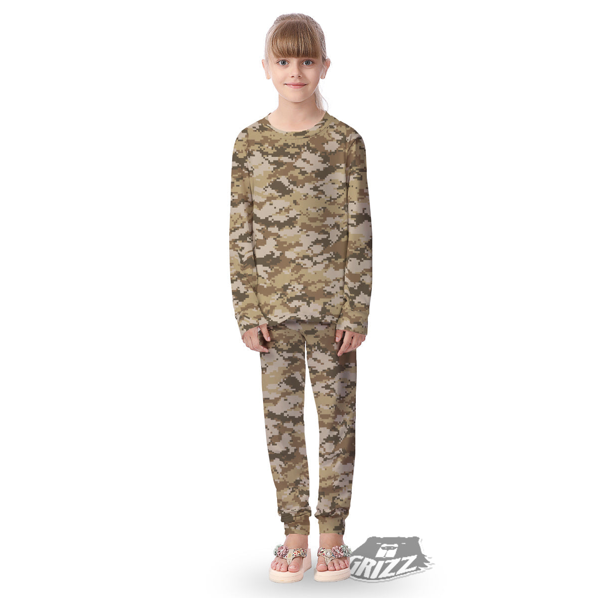 Digital Camo Beige Print Pattern Kid's Pajamas-grizzshop