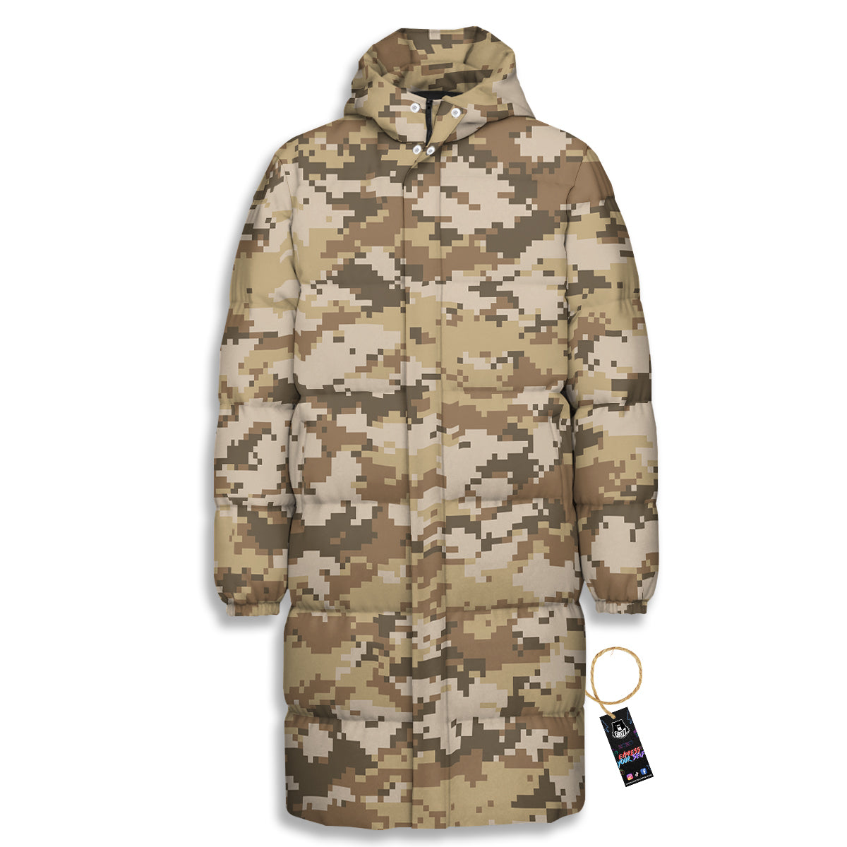 Digital Camo Beige Print Pattern Long Down Jacket-grizzshop