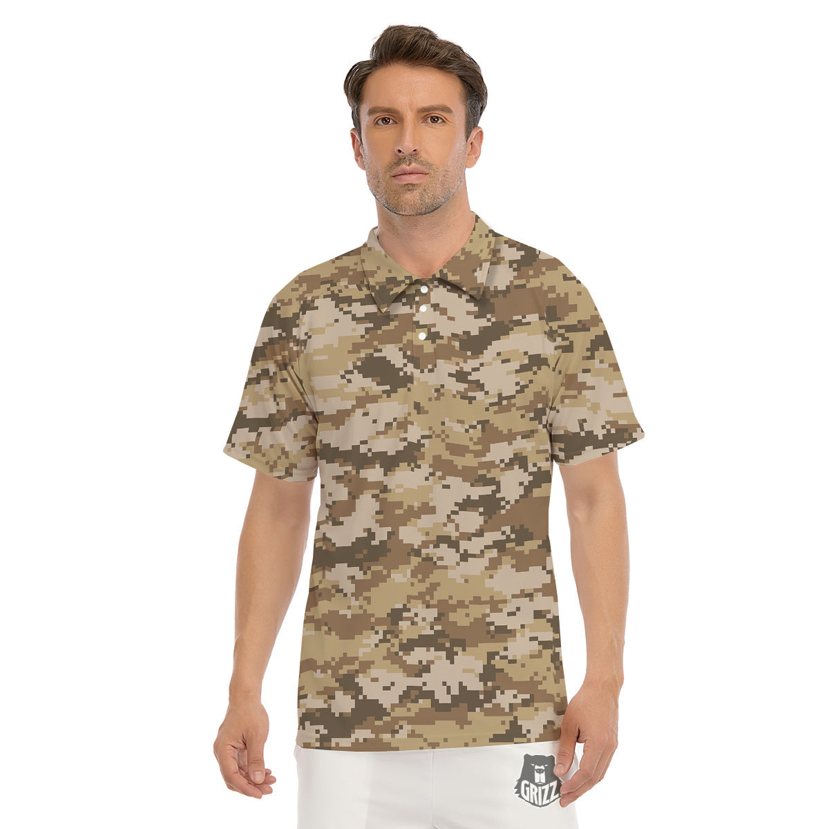 Digital Camo Beige Print Pattern Men's Golf Shirts-grizzshop