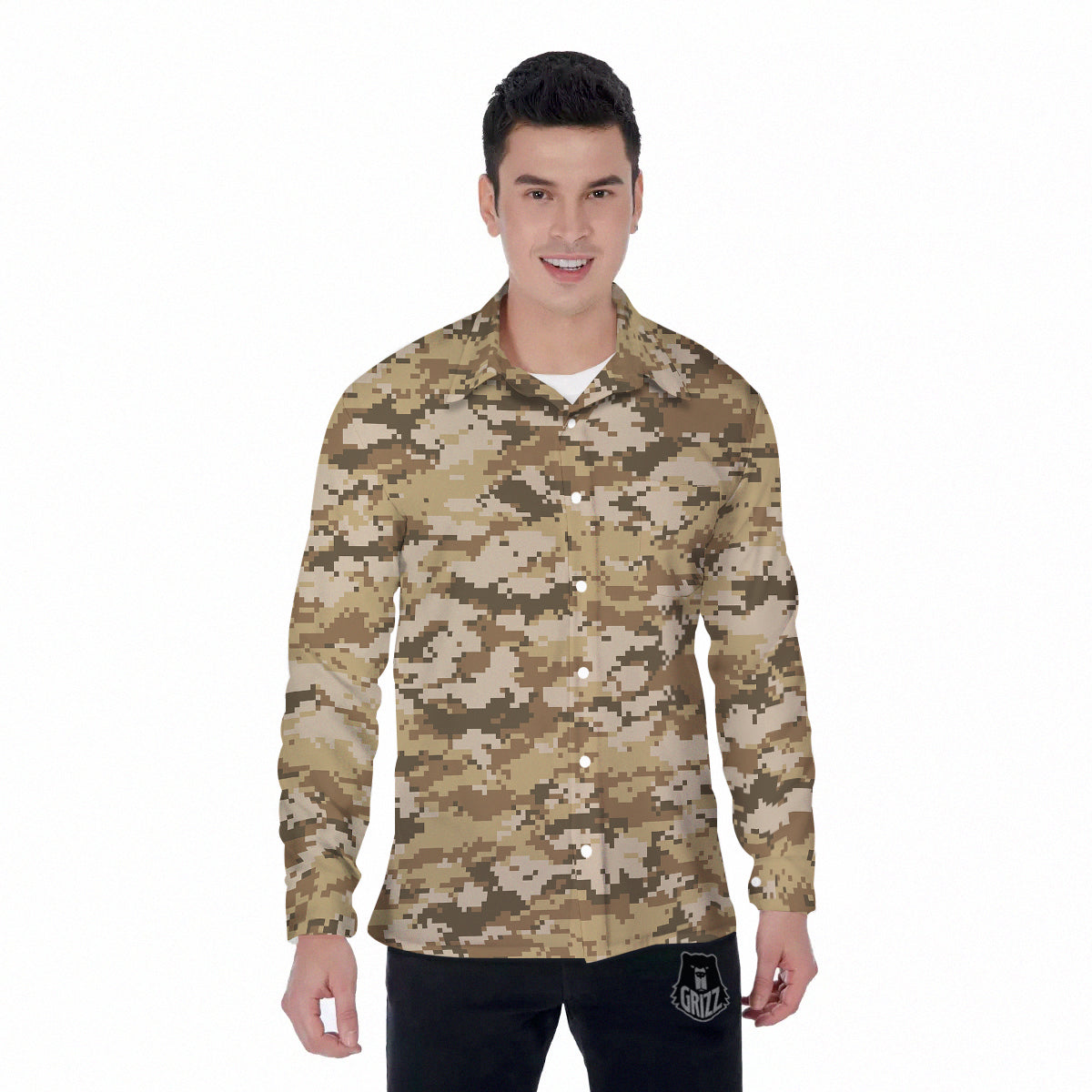 Digital Camo Beige Print Pattern Men's Long Sleeve Shirts-grizzshop