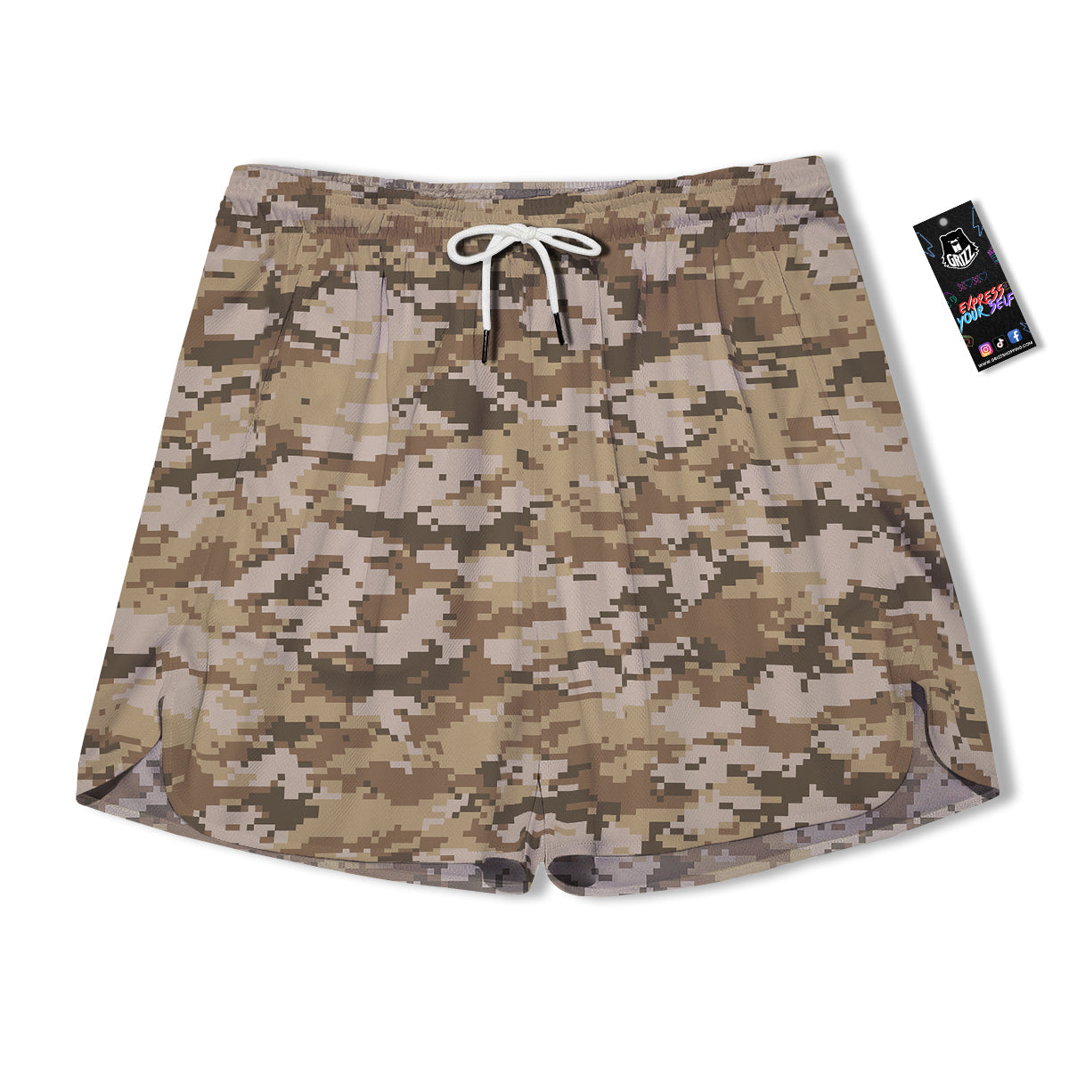 Digital Camo Beige Print Pattern Men's Running Shorts-grizzshop