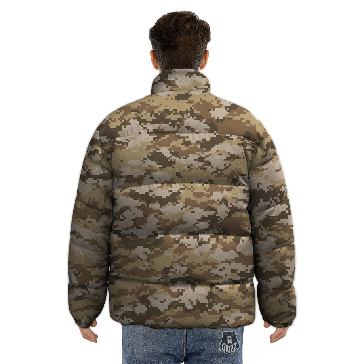 Digital Camo Beige Print Pattern Puffer Jacket-grizzshop