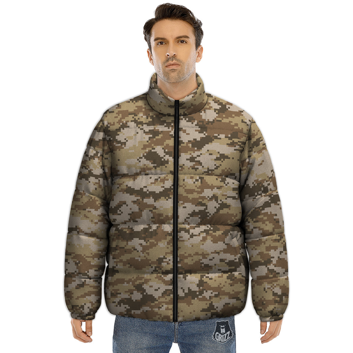 Digital Camo Beige Print Pattern Puffer Jacket-grizzshop