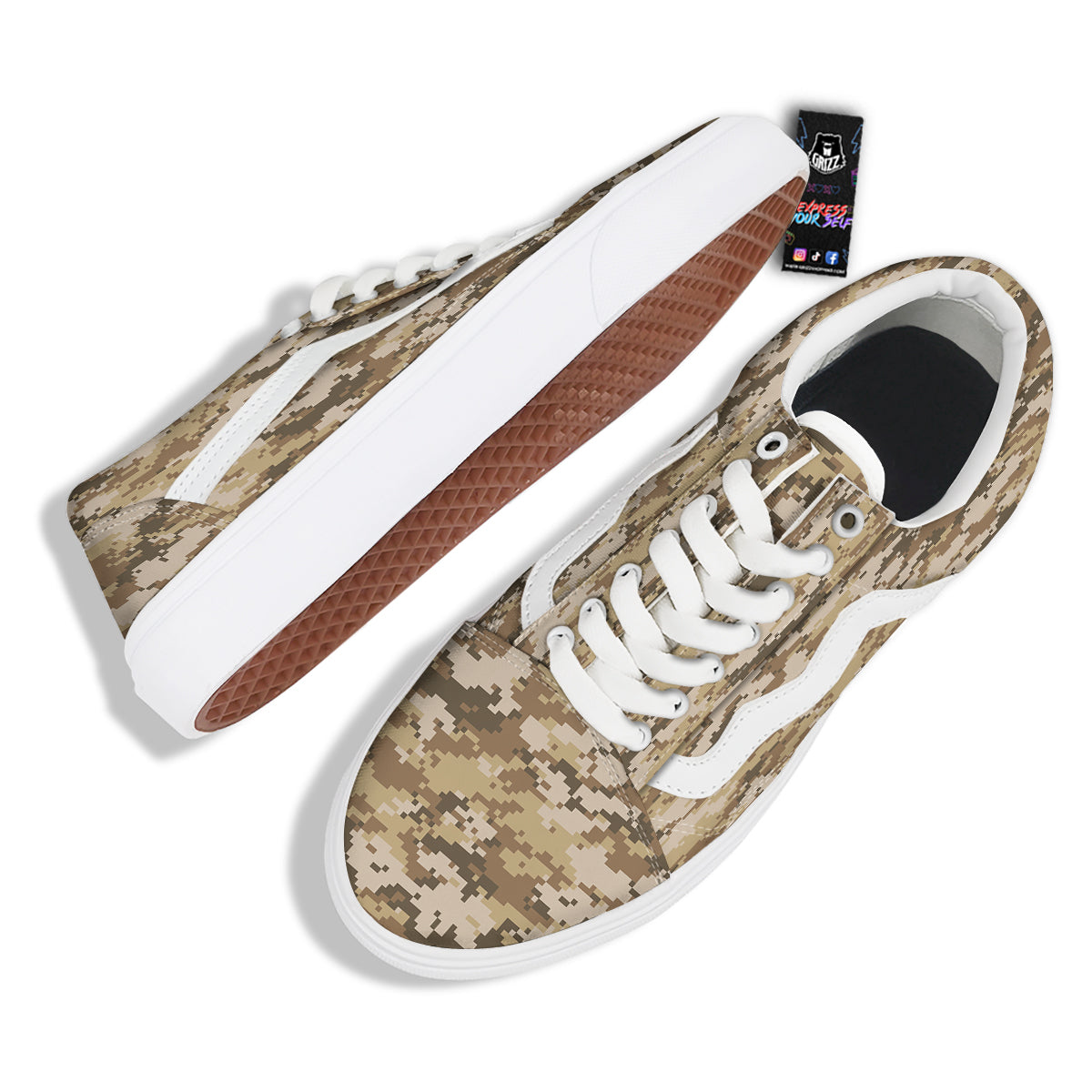Digital Camo Beige Print Pattern Skate Shoes-grizzshop