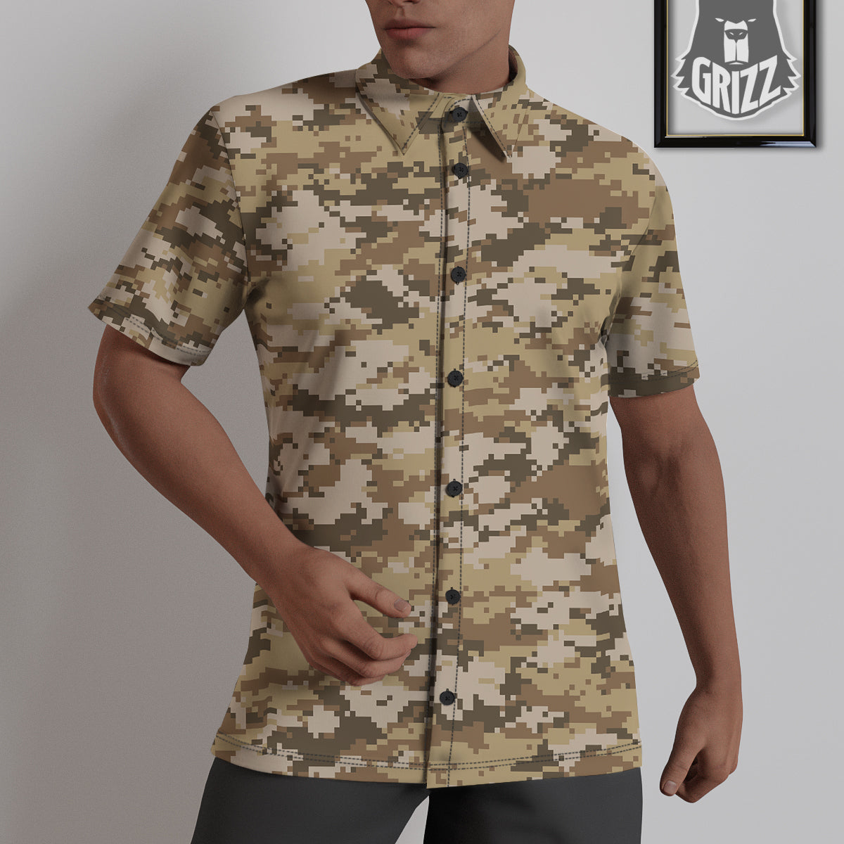 Digital Camo Beige Print Pattern Untucked Shirts-grizzshop