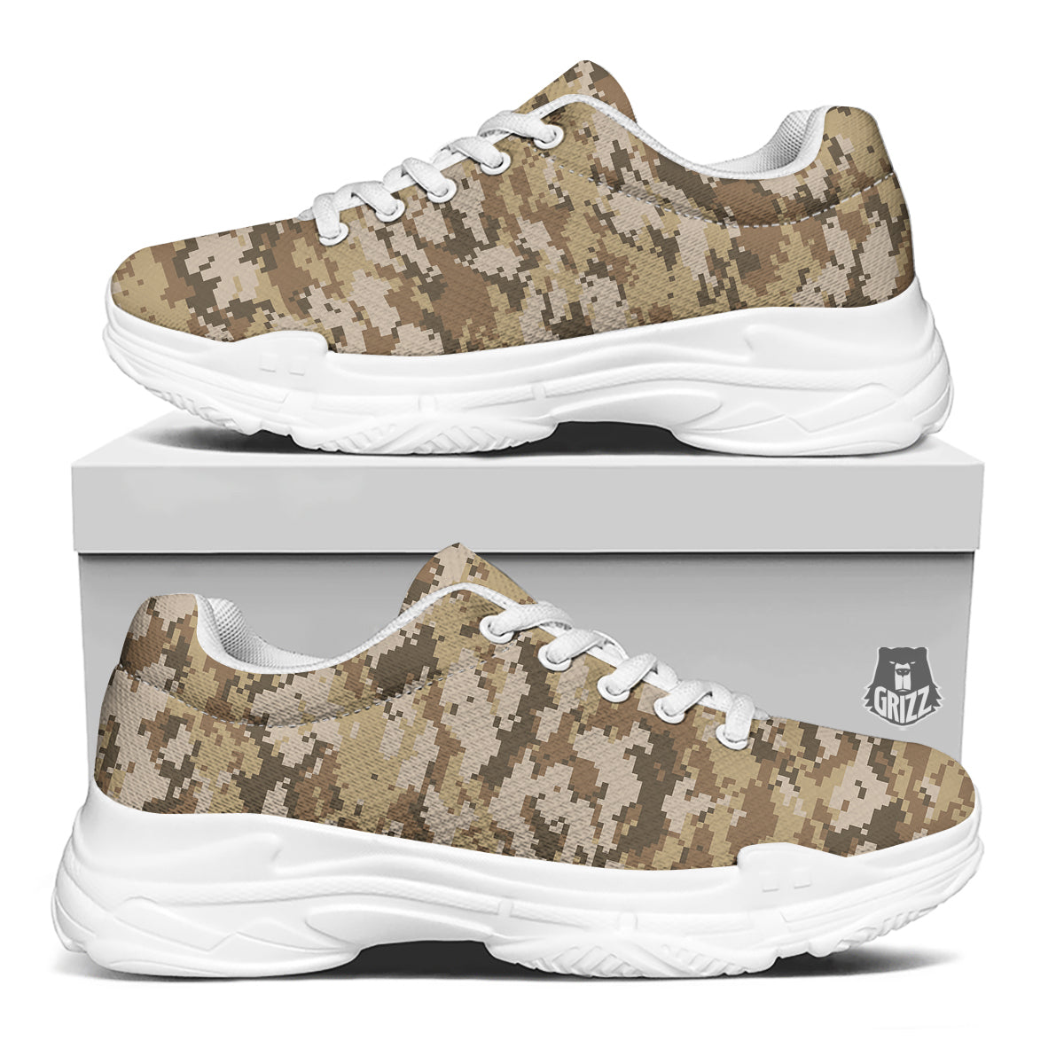 Digital Camo Beige Print Pattern White Chunky Shoes-grizzshop