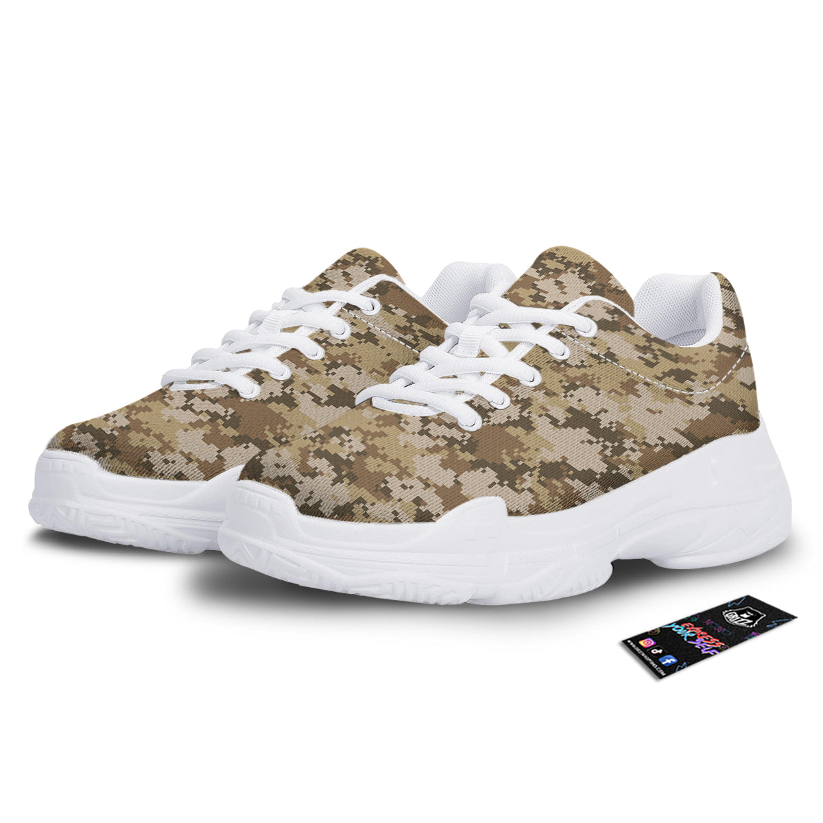 Digital Camo Beige Print Pattern White Chunky Shoes-grizzshop