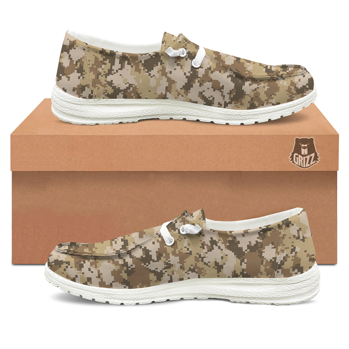 Digital Camo Beige Print Pattern White Loafers-grizzshop