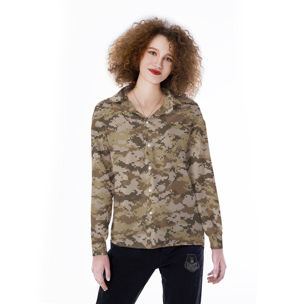Digital Camo Beige Print Pattern Women's Long Sleeve Shirts-grizzshop