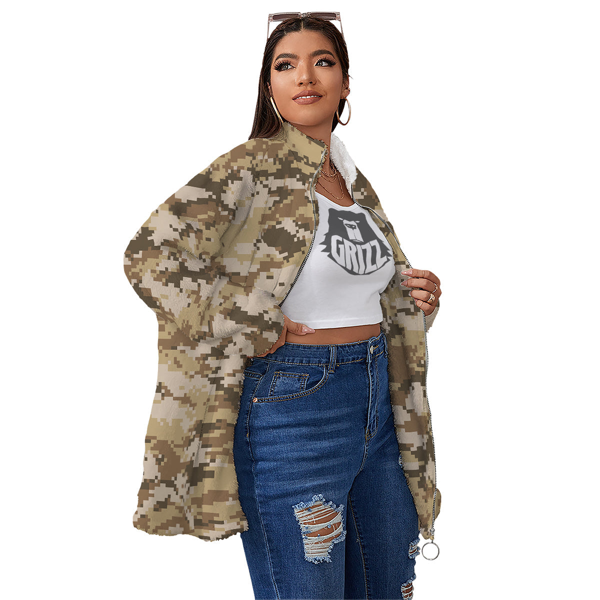 Digital Camo Beige Print Pattern Women's Sherpa Jacket-grizzshop