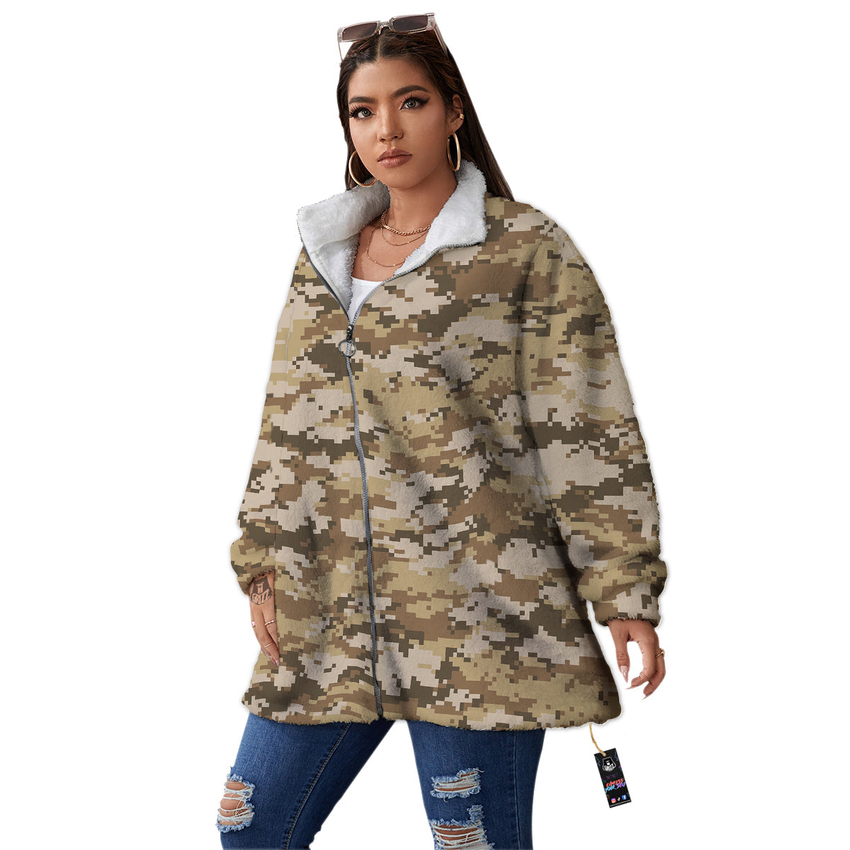 Digital Camo Beige Print Pattern Women's Sherpa Jacket-grizzshop
