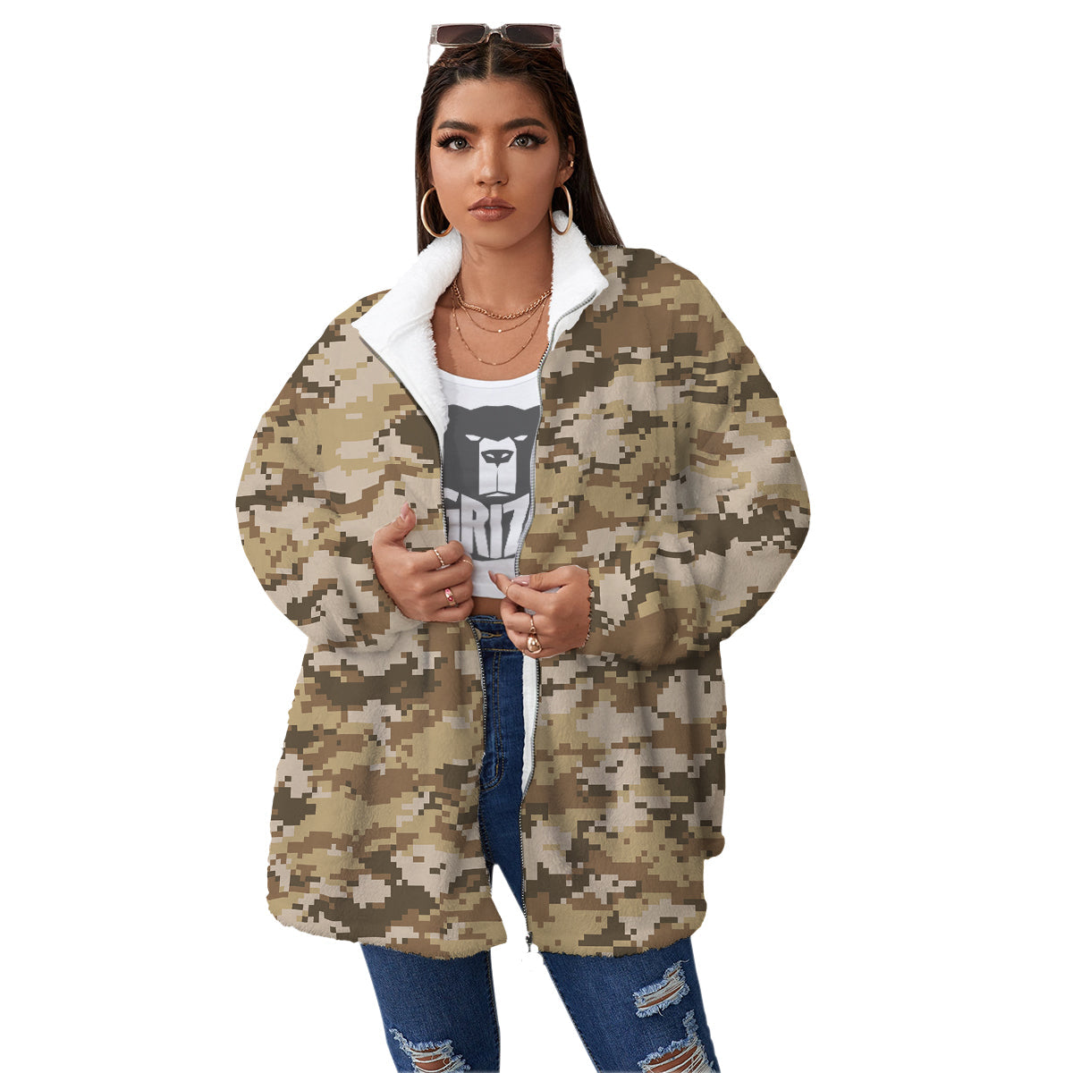 Digital Camo Beige Print Pattern Women's Sherpa Jacket-grizzshop
