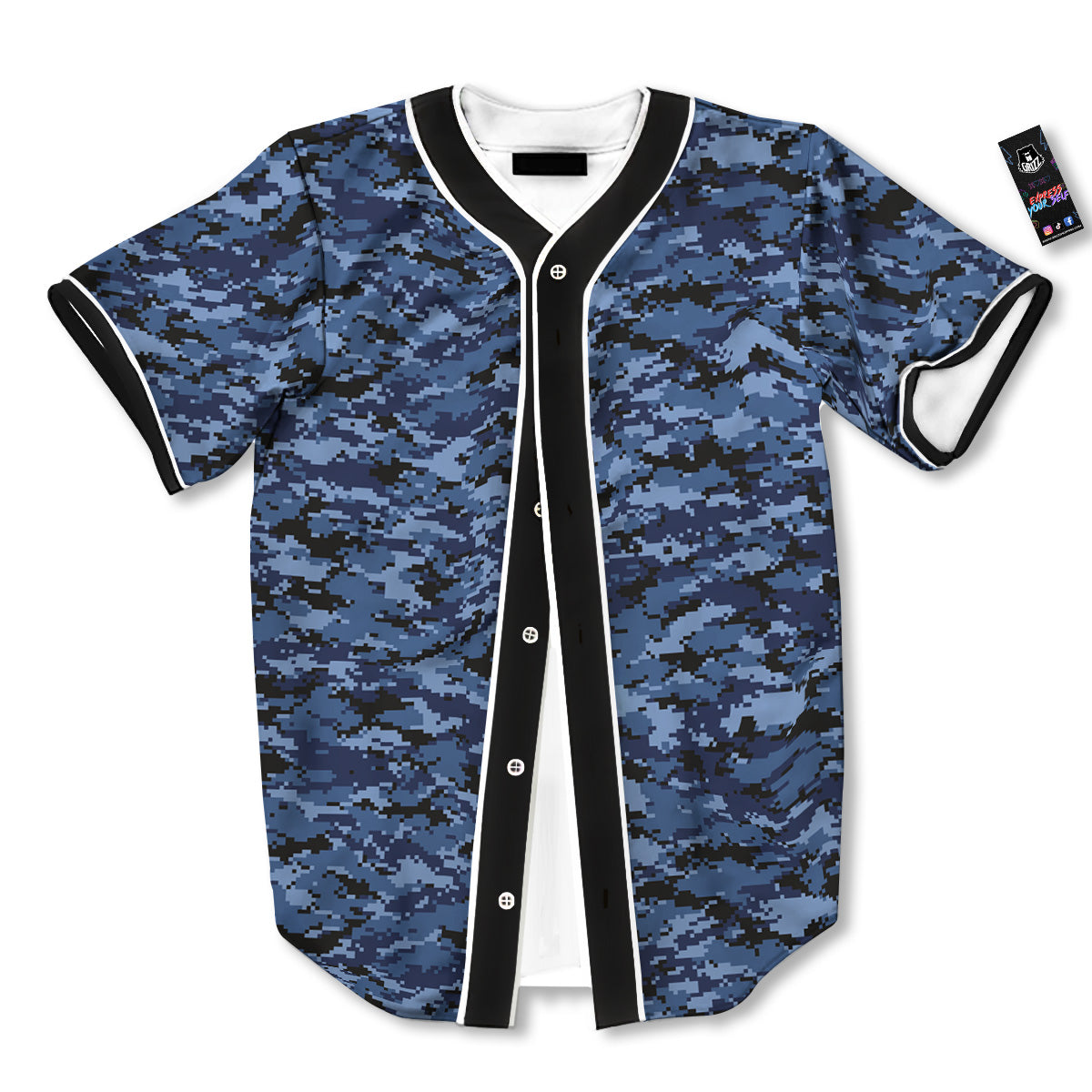 Digital Camo Black And Blue Print Baseball Jersey-grizzshop