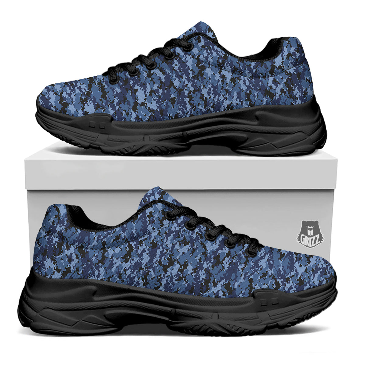Digital Camo Black And Blue Print Black Chunky Shoes-grizzshop