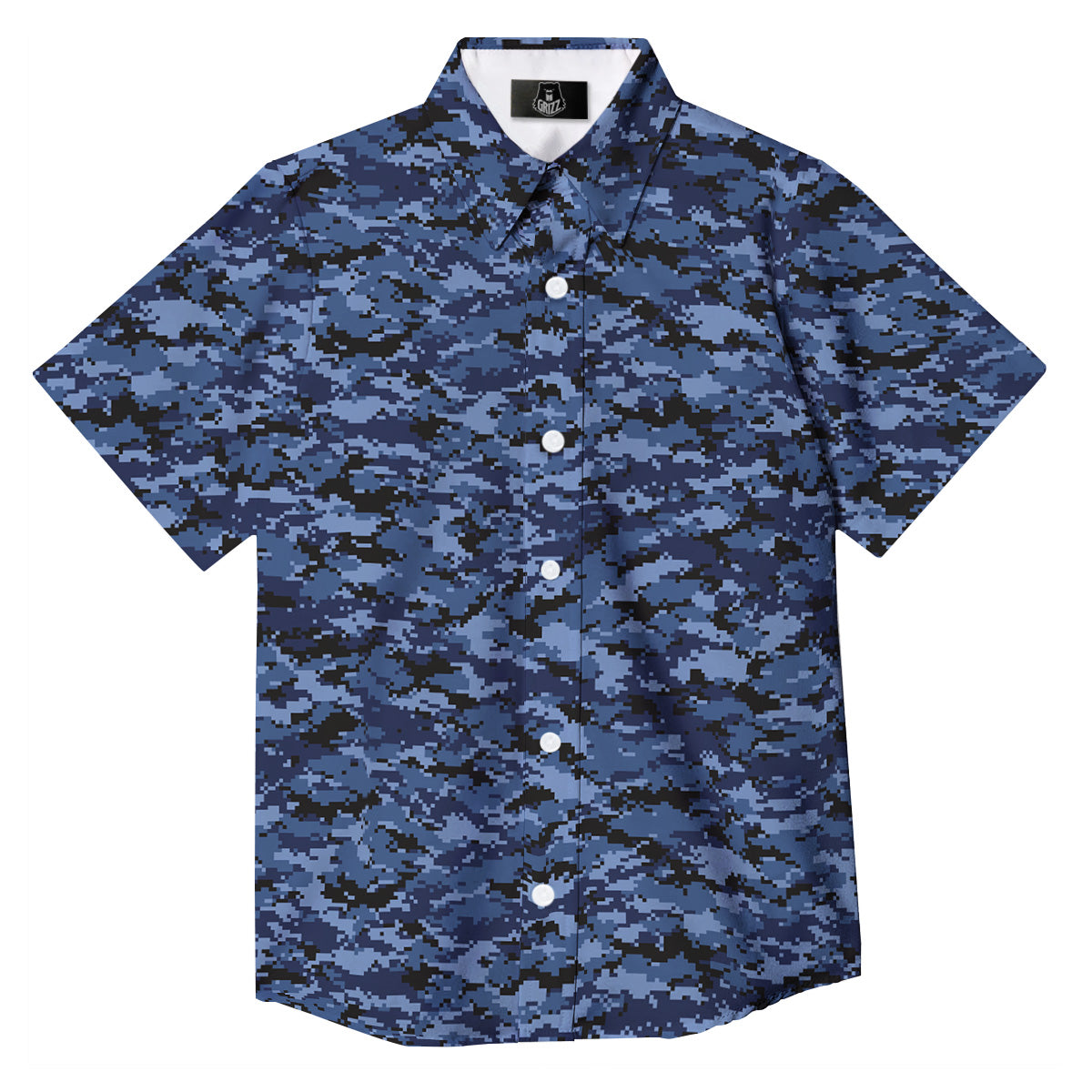 Digital Camo Black And Blue Print Button Up Shirt-grizzshop