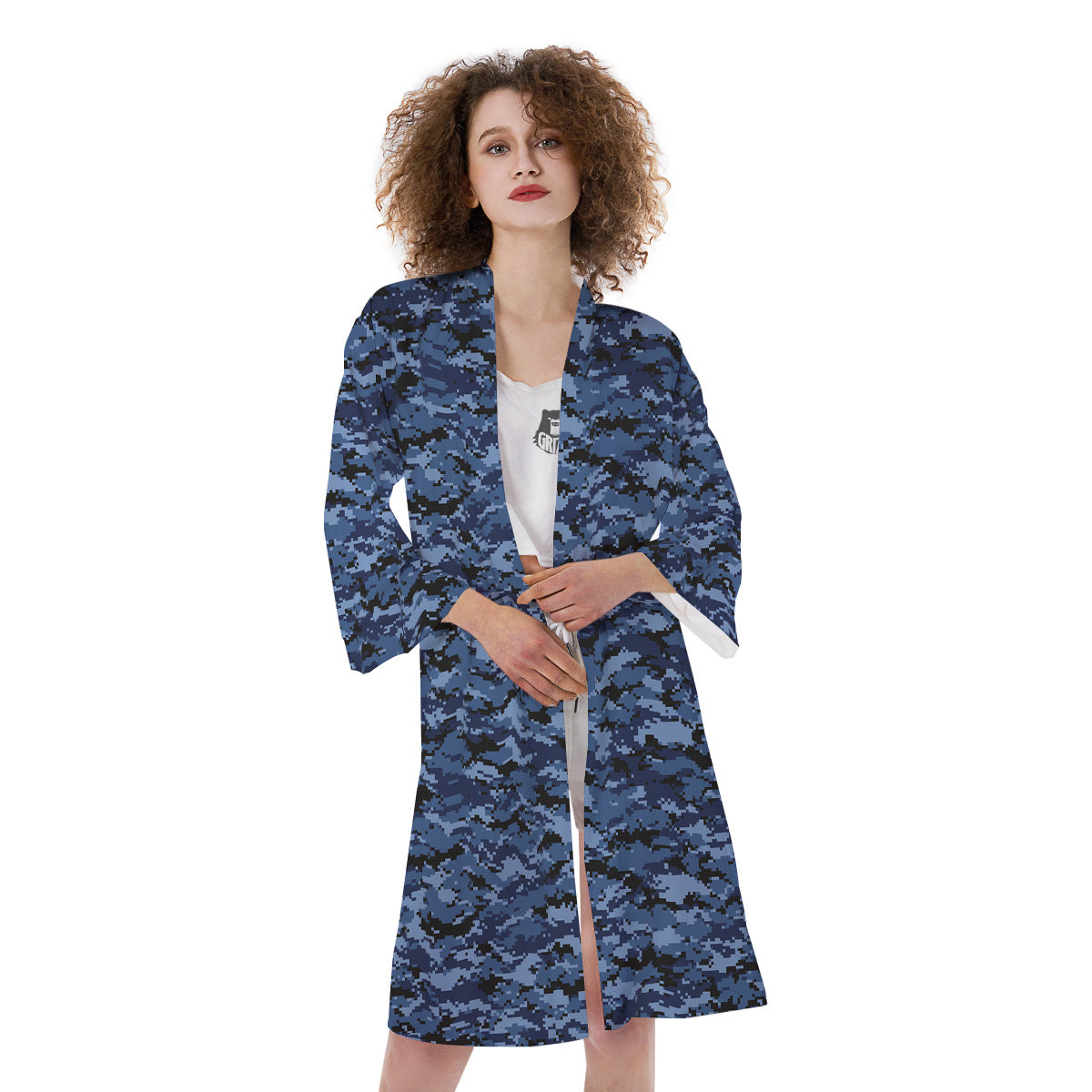 Digital Camo Black And Blue Print Kimono-grizzshop