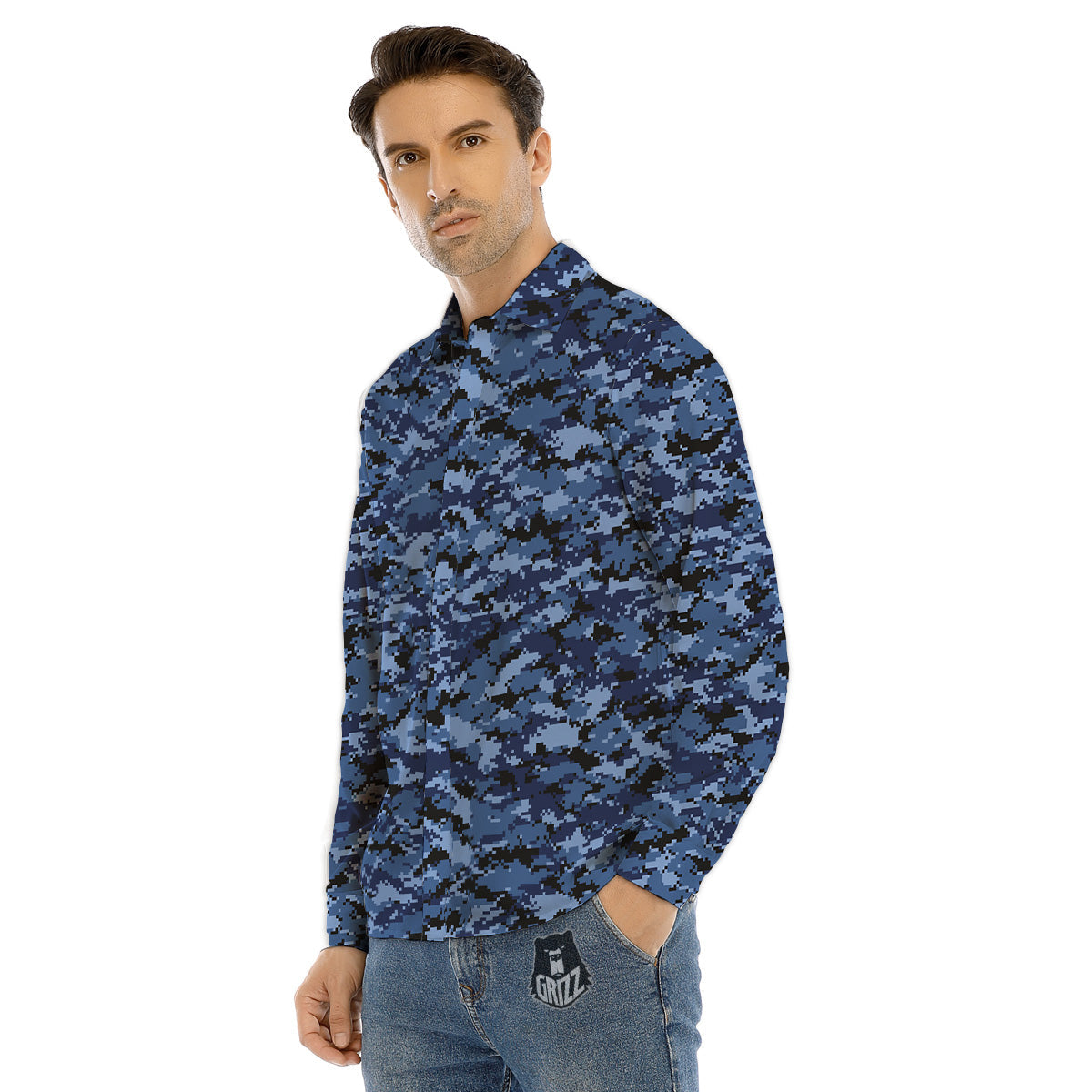Digital Camo Black And Blue Print Men's Dress Shirts-grizzshop