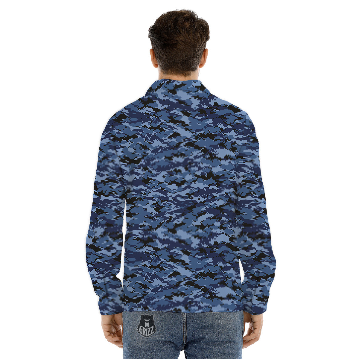 Digital Camo Black And Blue Print Men's Dress Shirts-grizzshop