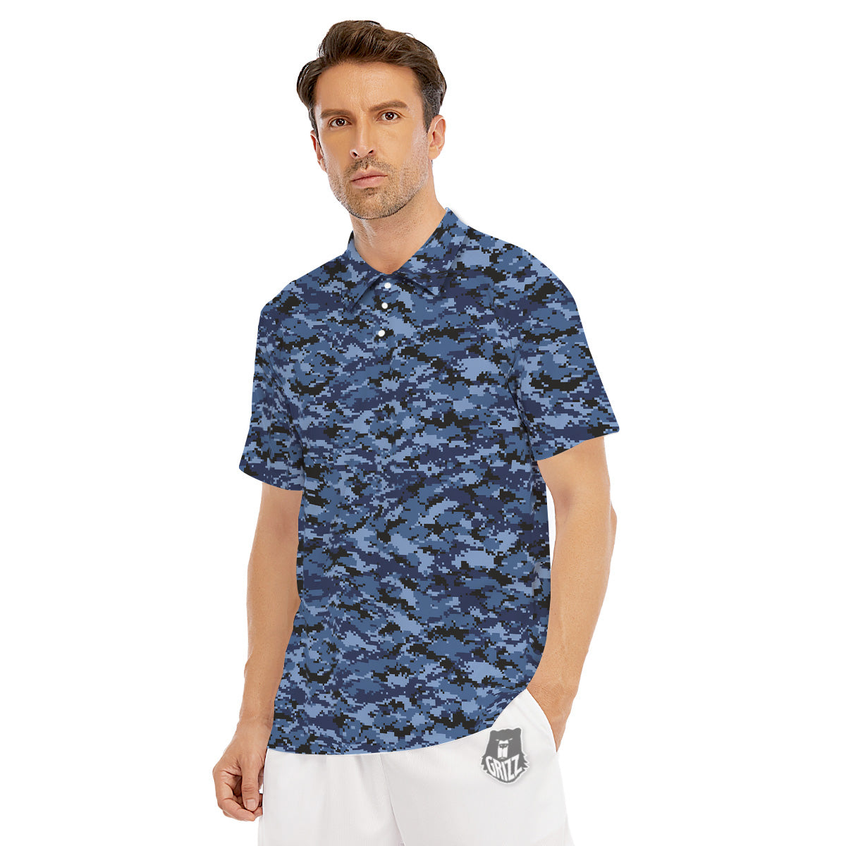 Digital Camo Black And Blue Print Men's Golf Shirts-grizzshop
