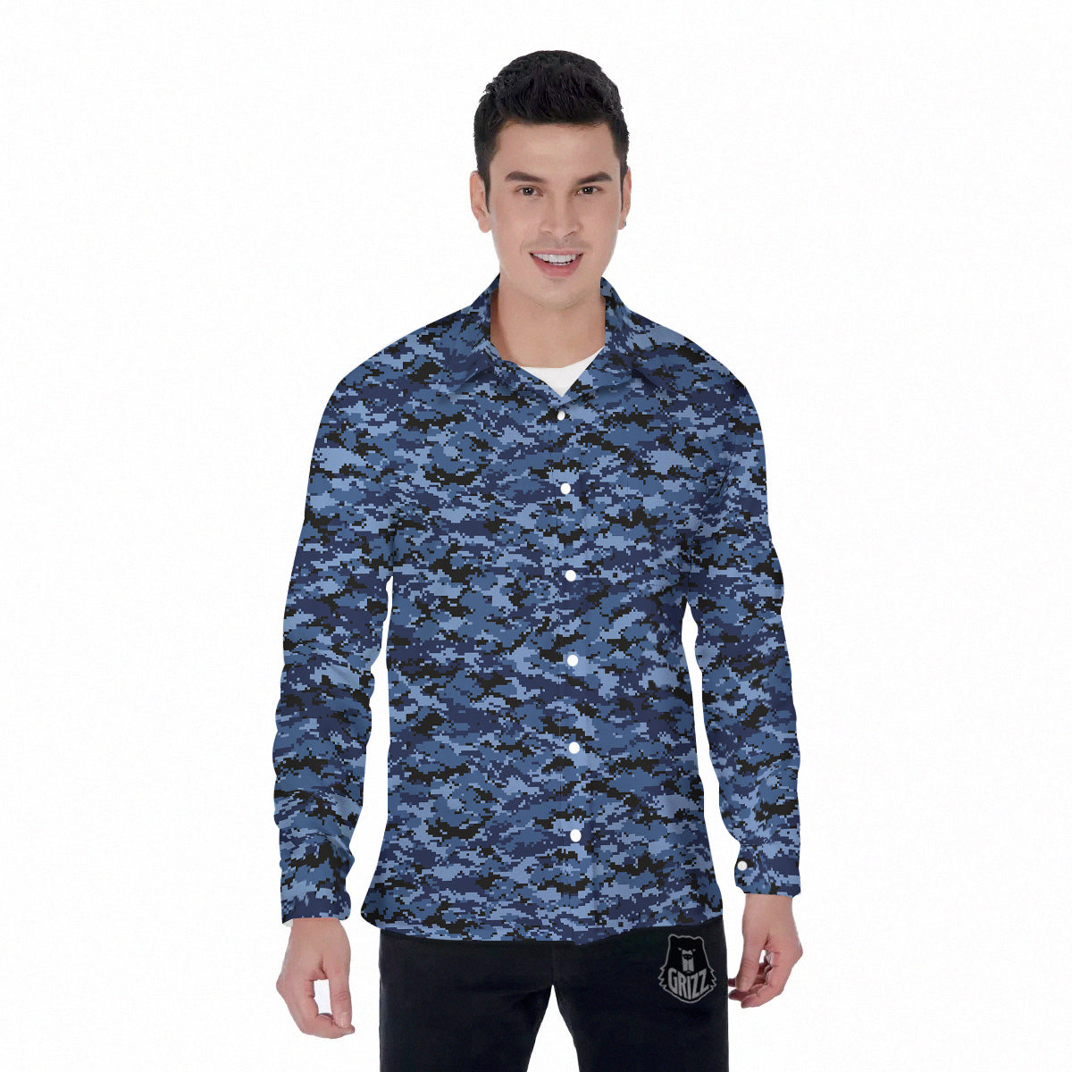 Digital Camo Black And Blue Print Men's Long Sleeve Shirts-grizzshop
