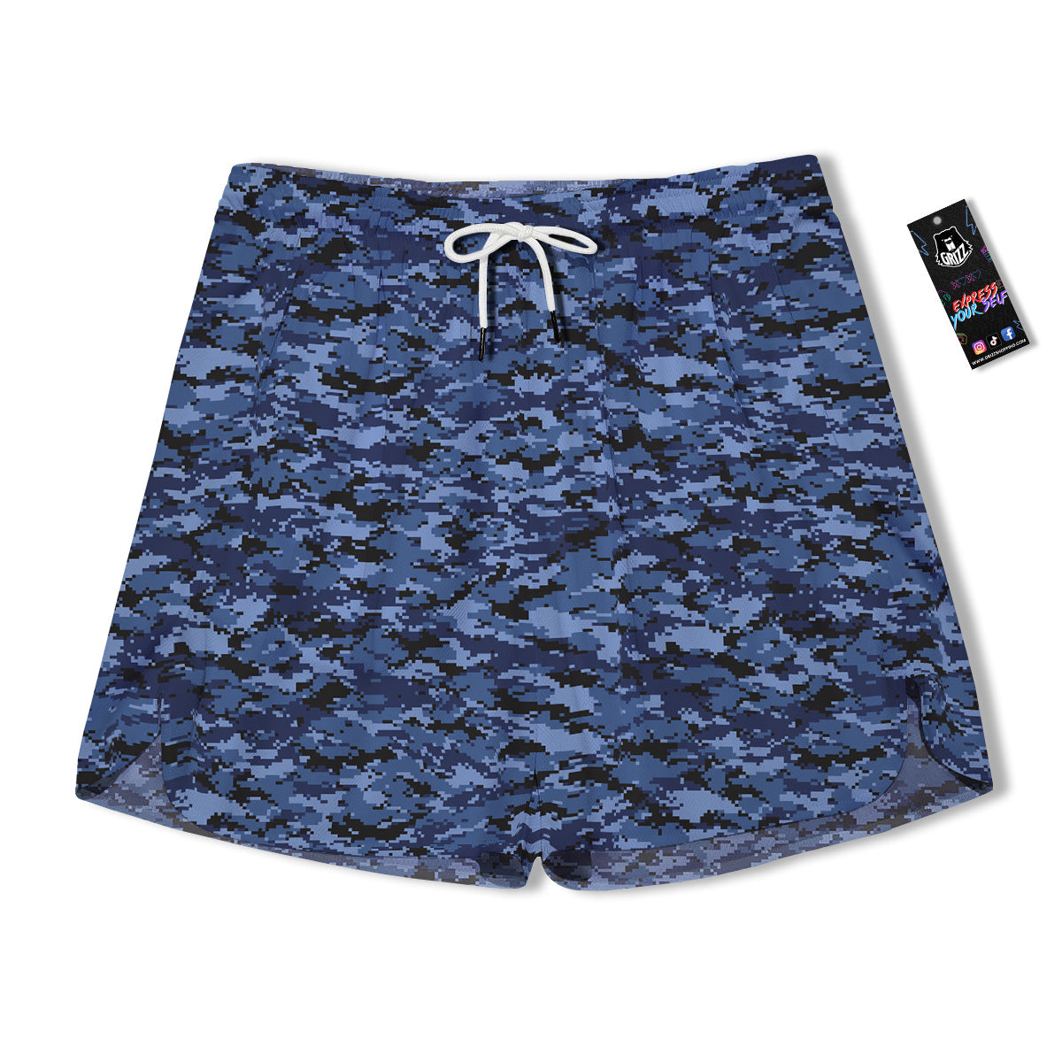 Digital Camo Black And Blue Print Men's Running Shorts-grizzshop