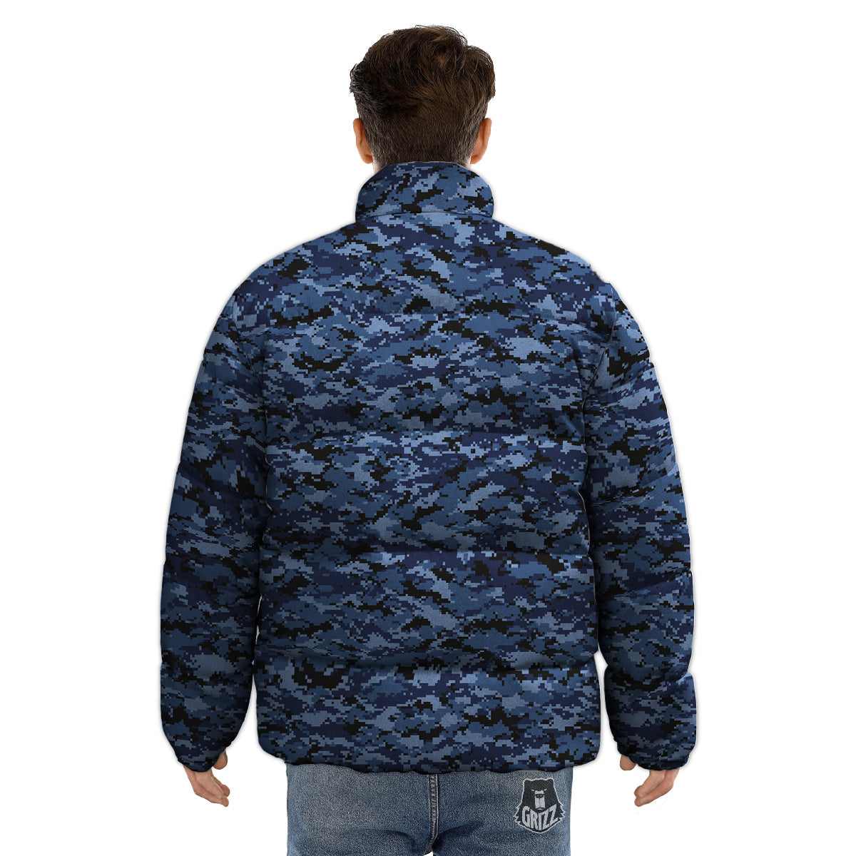 Digital Camo Black And Blue Print Puffer Jacket-grizzshop