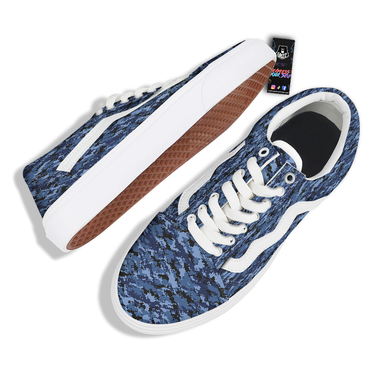 Digital Camo Black And Blue Print Skate Shoes-grizzshop