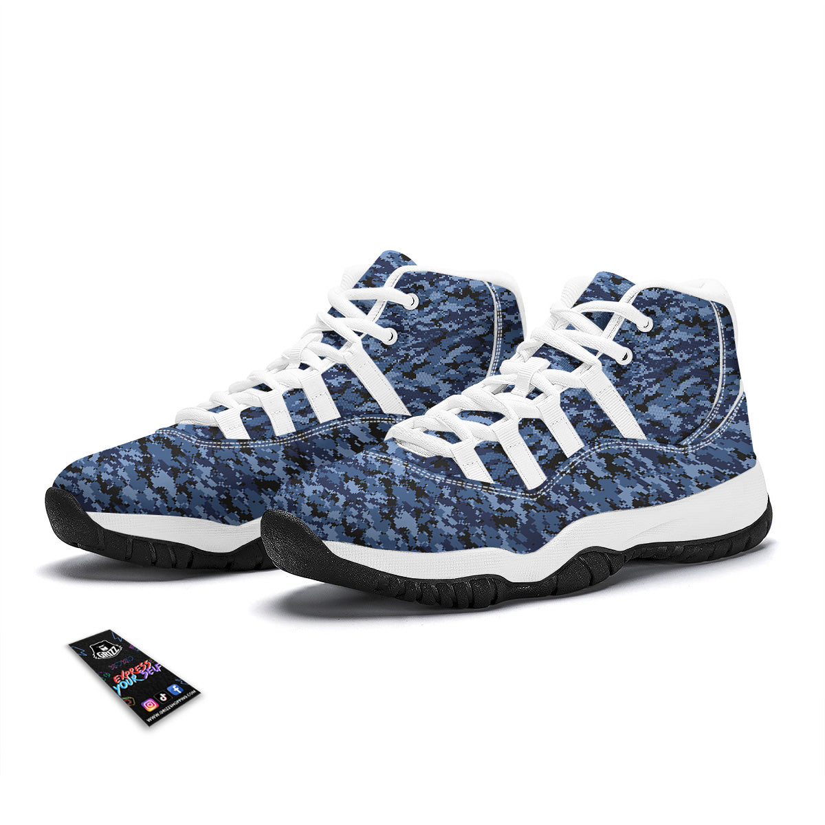 Digital Camo Black And Blue Print White Bball Shoes-grizzshop