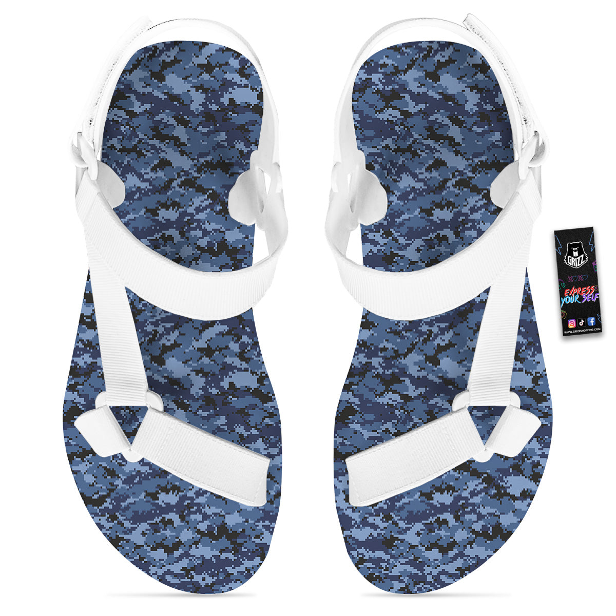 Digital Camo Black And Blue Print White Open Toe Sandals-grizzshop