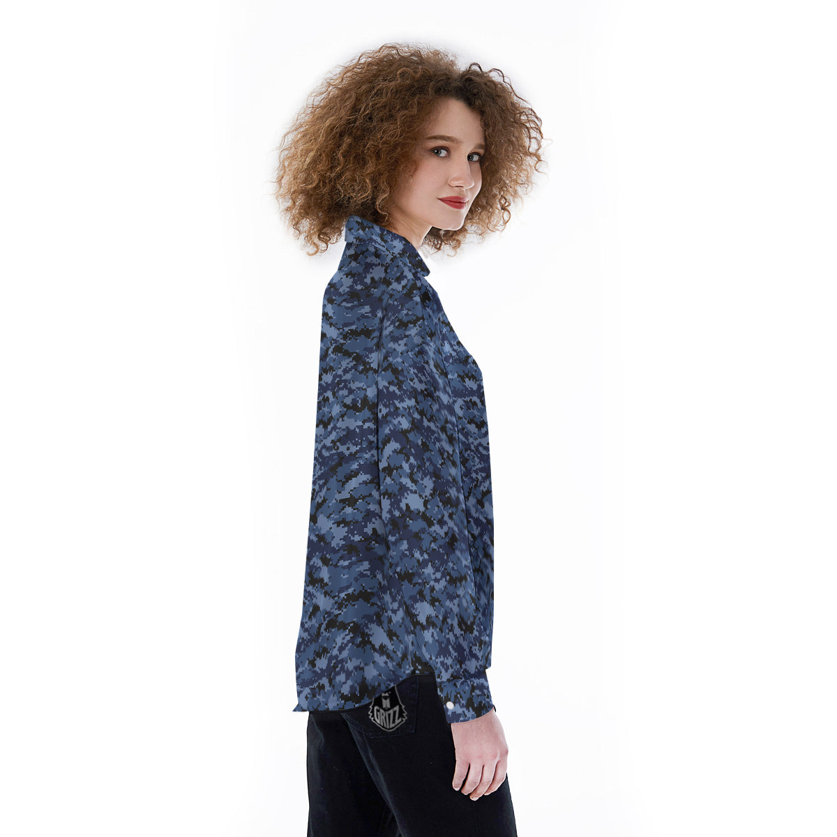 Digital Camo Black And Blue Print Women's Long Sleeve Shirts-grizzshop