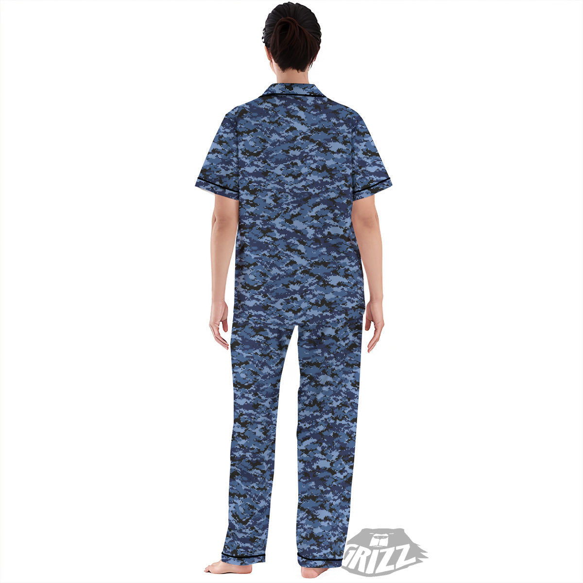 Digital Camo Black And Blue Print Women's Pajamas Set-grizzshop