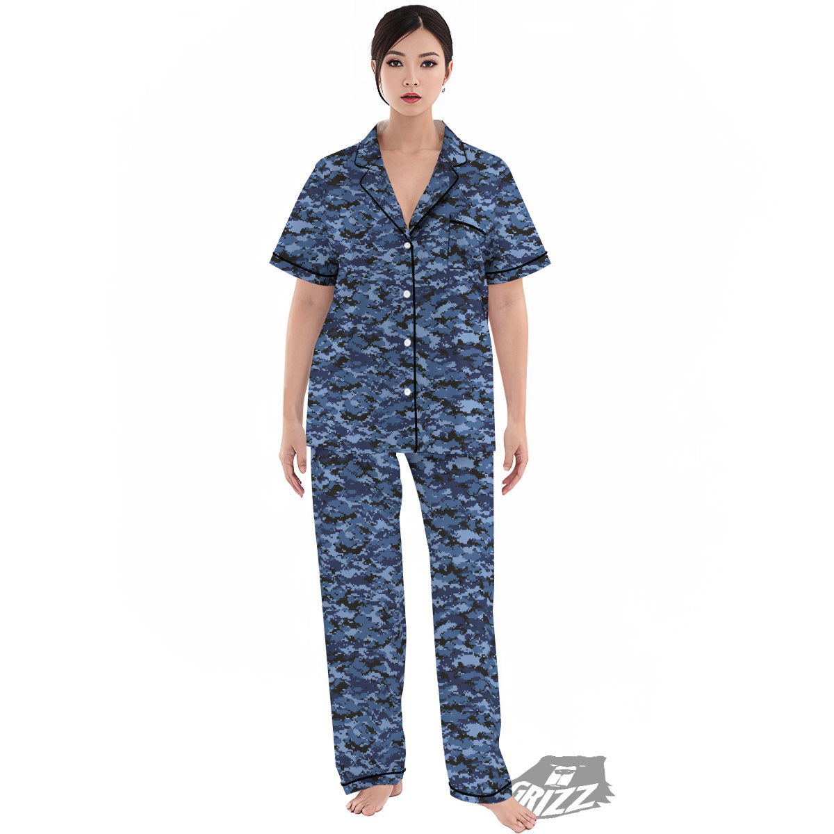 Digital Camo Black And Blue Print Women's Pajamas Set-grizzshop