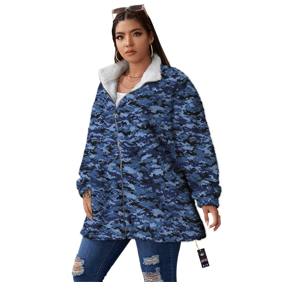 Digital Camo Black And Blue Print Women's Sherpa Jacket-grizzshop