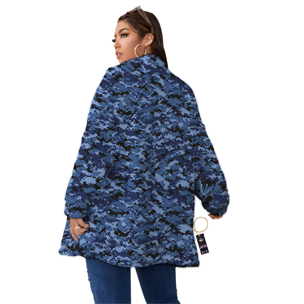 Digital Camo Black And Blue Print Women's Sherpa Jacket-grizzshop