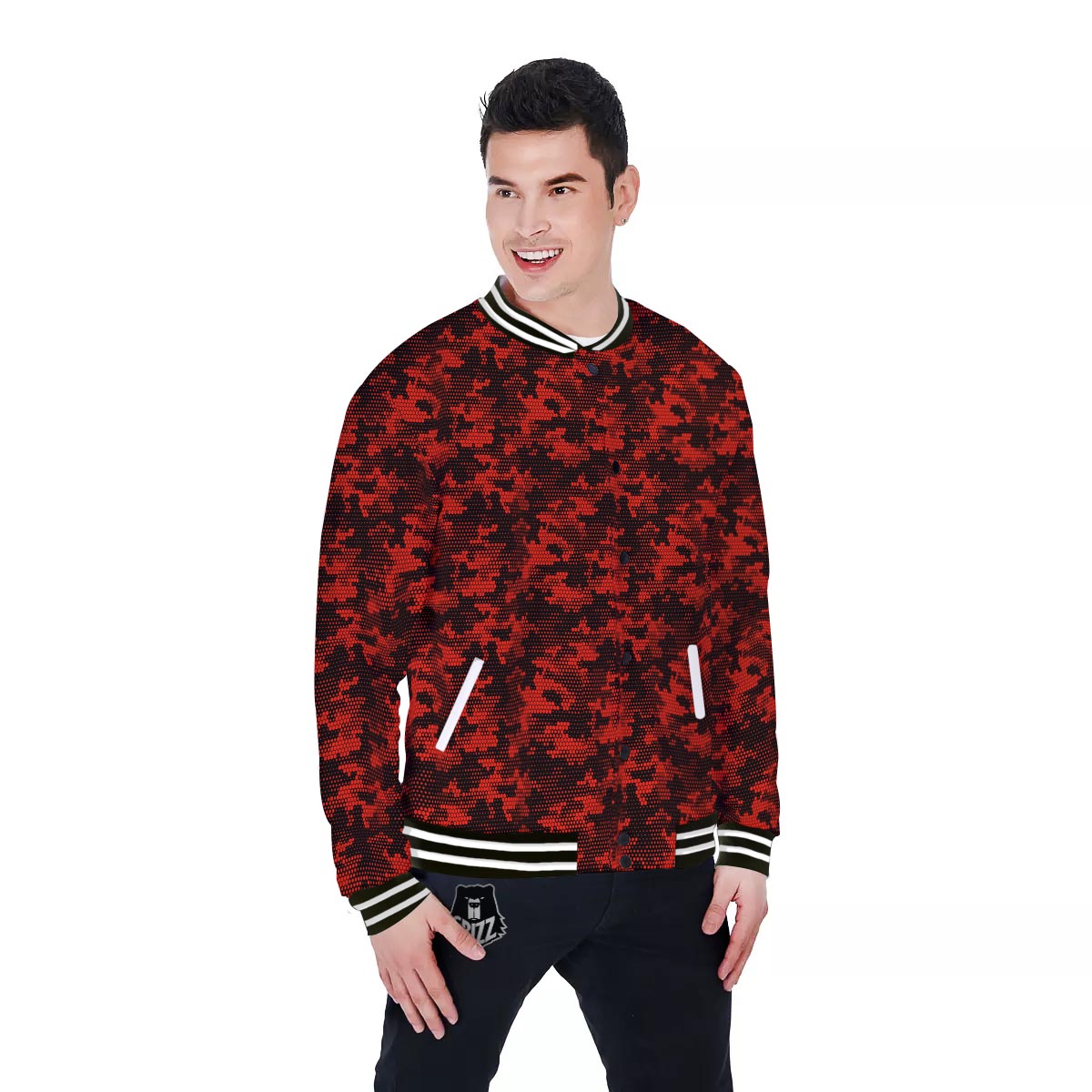 Digital Camo Black And Red Print Pattern Baseball Jacket-grizzshop