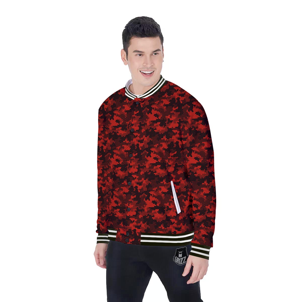 Digital Camo Black And Red Print Pattern Baseball Jacket-grizzshop